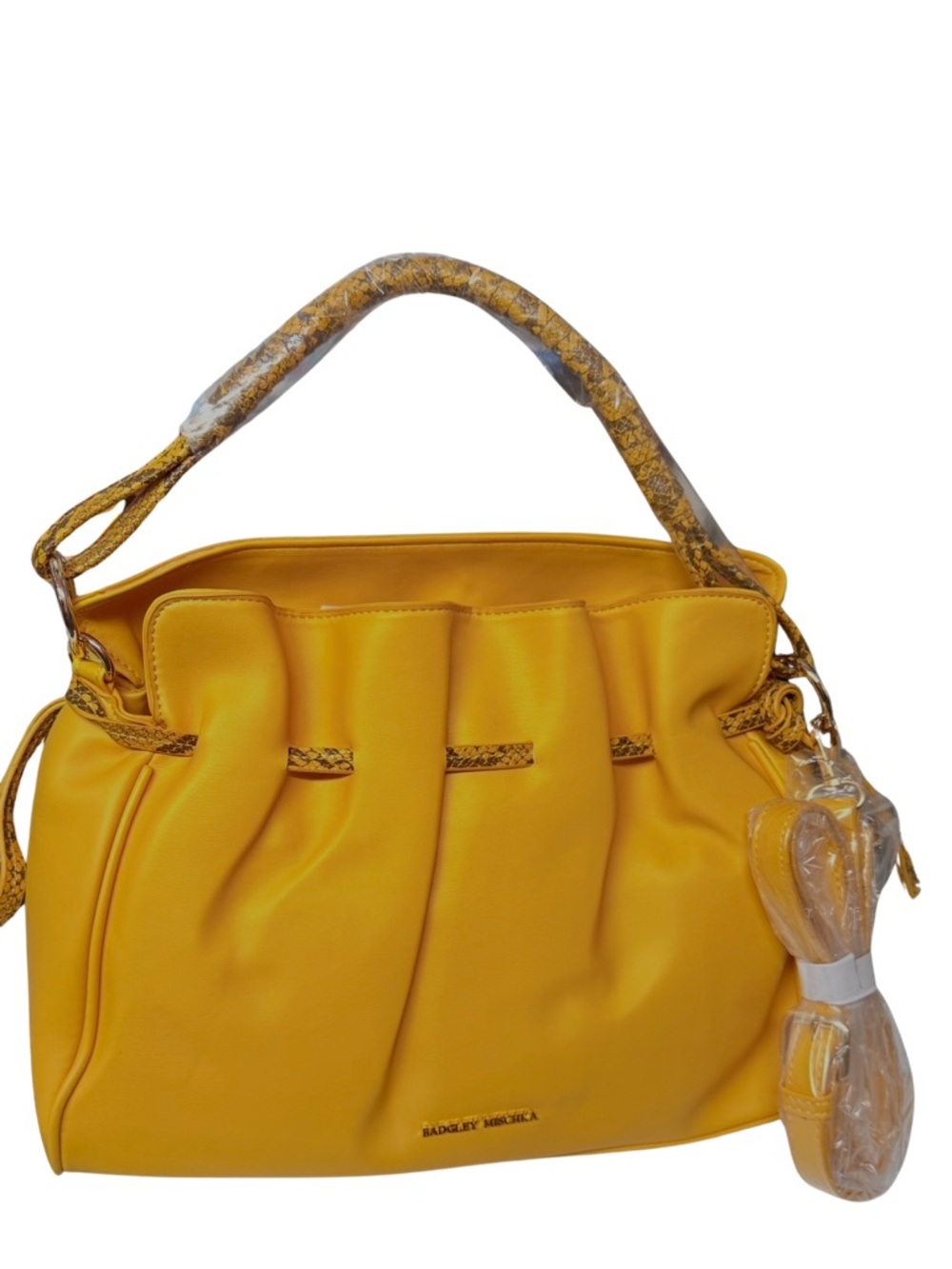Badgley Mischka Yellow Pleated Shoulder Bag with Snakeskin-Print Handle